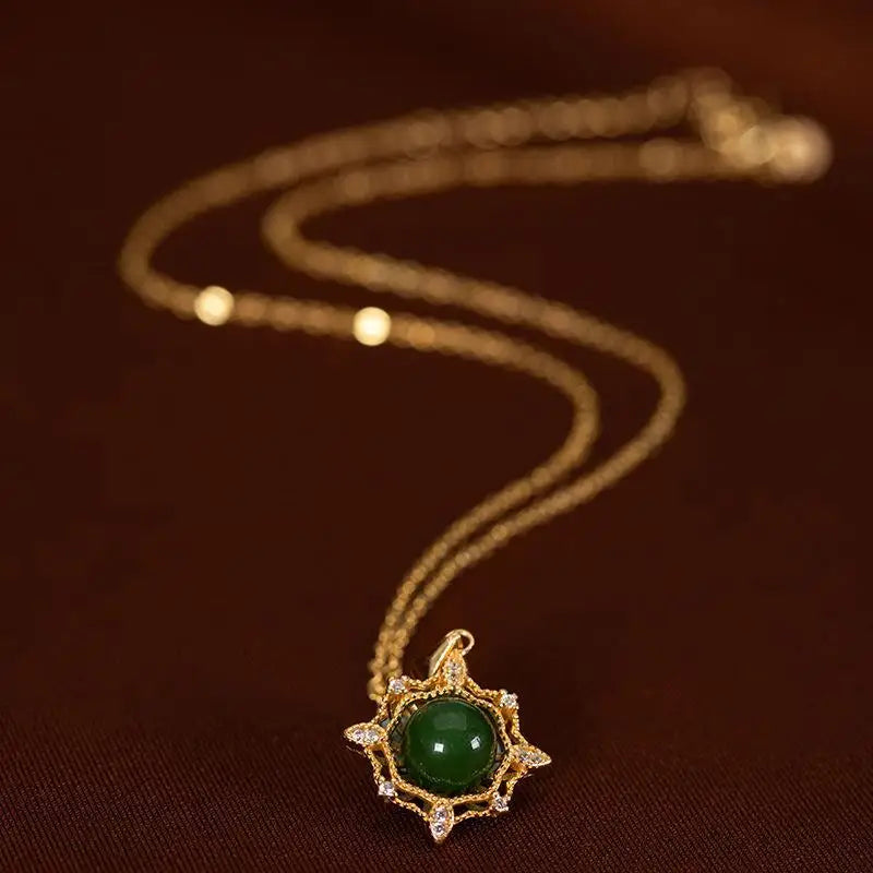 S925 Silver Hetian Jade Green Jade SUNFLOWER Pendant Necklace Set
