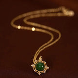 S925 Silver Hetian Jade Green Jade SUNFLOWER Pendant Necklace Set