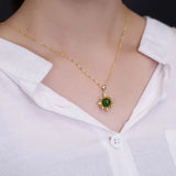 S925 Silver Hetian Jade Green Jade SUNFLOWER Pendant Necklace Set