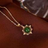 S925 Silver Hetian Jade Green Jade SUNFLOWER Pendant Necklace Set