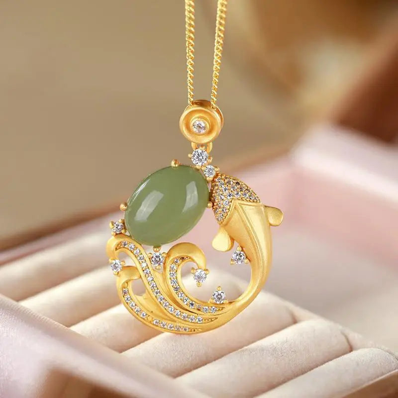 S925 Hetian Gray Jade Fish Pendant Necklace