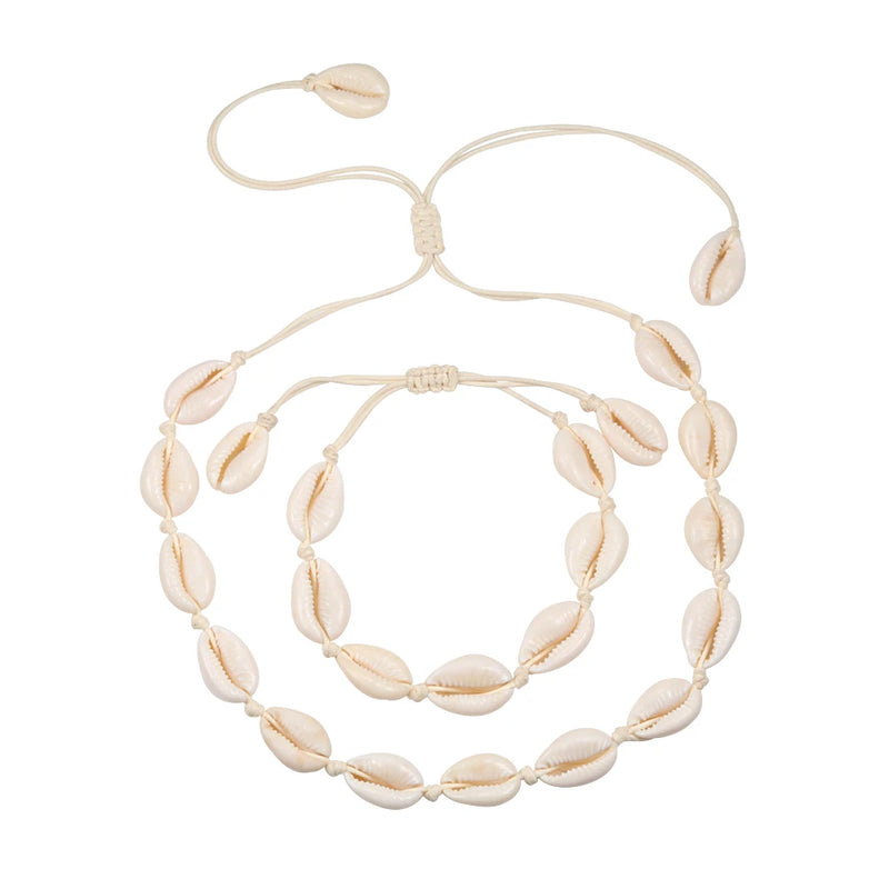 Seashells Necklace Bracelet Set Knit Chain Rope Choker Bracelets Gift