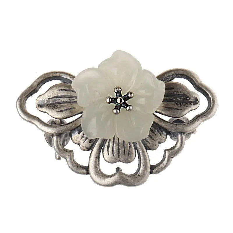 Ethnic Style Hetian Jade Flower Charm Ladies Brooch Dress Accessory