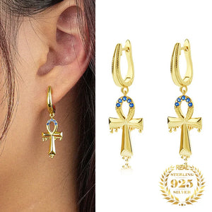 925 Silver Zircon Ankh Cross Drop Earrings Vintage Hoop Jewelry