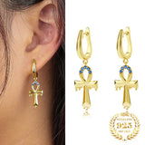 925 Silver Zircon Ankh Cross Drop Earrings Vintage Hoop Jewelry