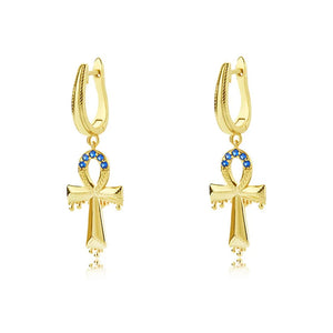 925 Silver Zircon Ankh Cross Drop Earrings Vintage Hoop Jewelry