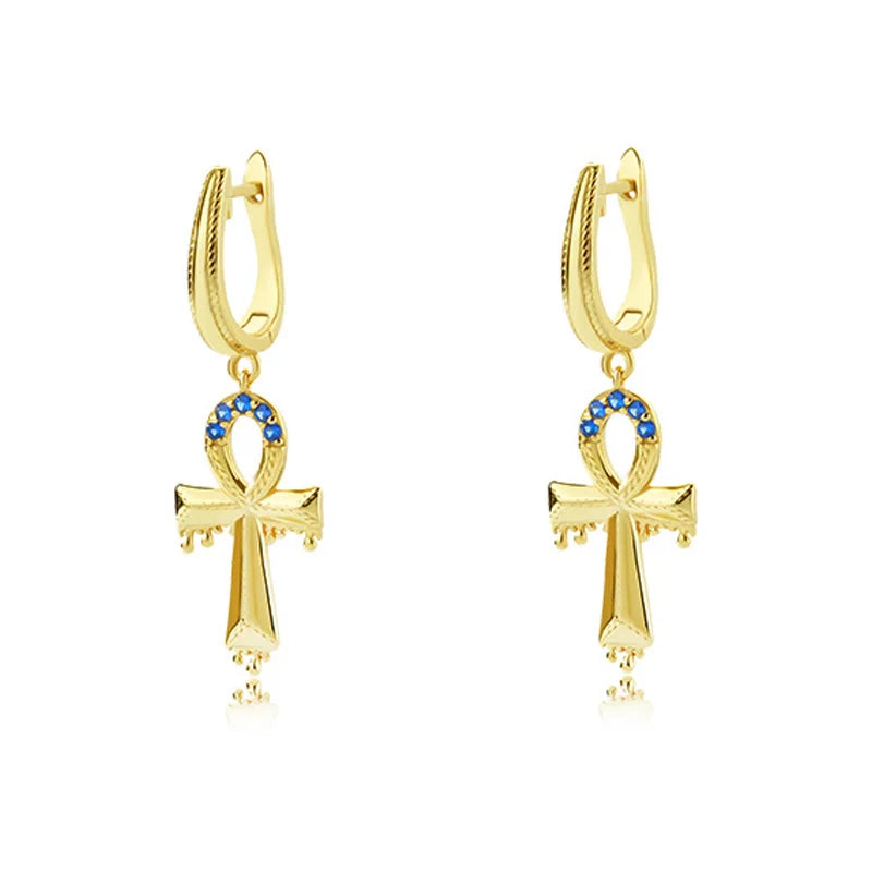 925 Silver Zircon Ankh Cross Drop Earrings Vintage Hoop Jewelry