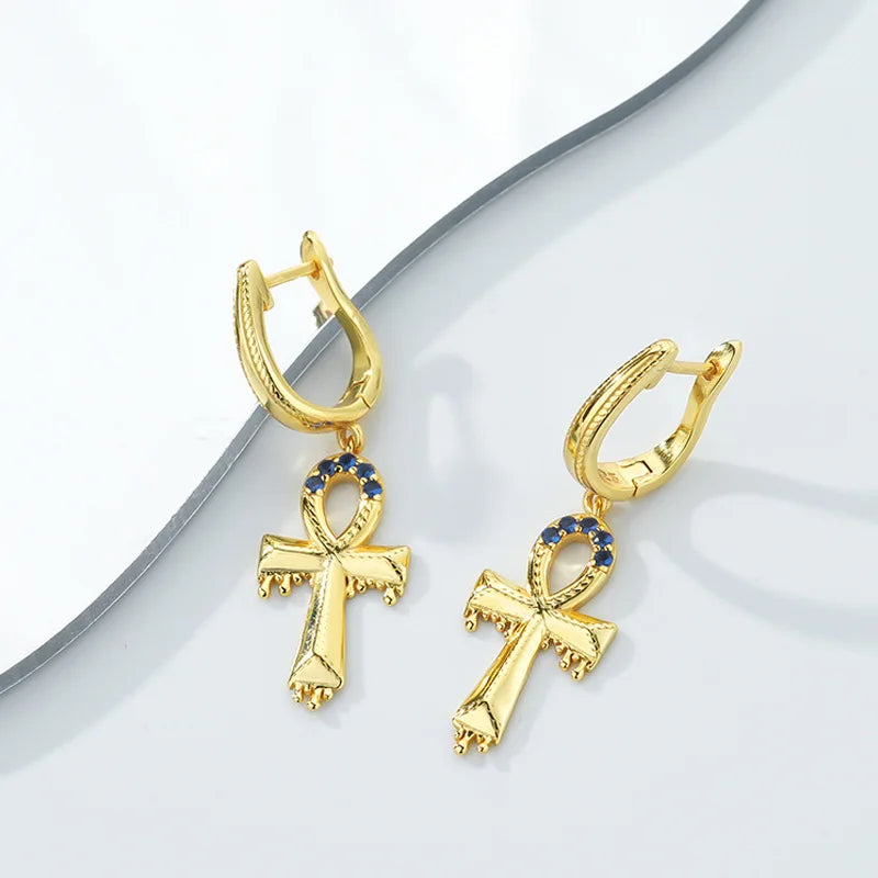 925 Silver Zircon Ankh Cross Drop Earrings Vintage Hoop Jewelry