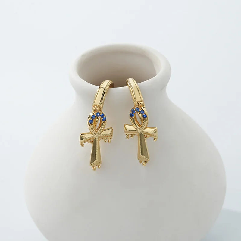925 Silver Zircon Ankh Cross Drop Earrings Vintage Hoop Jewelry