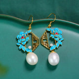 Chinese Retro Style Pearl Epoxy Enamel Earrings