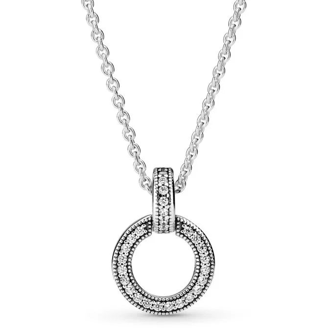 Crystal Double Circle Pendant Necklace 925 Sterling Silver Jewelry