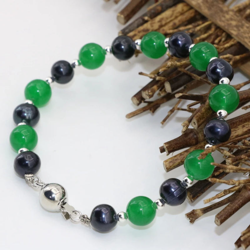 Green Jade & Pearl Bracelet 7.5inch B2752