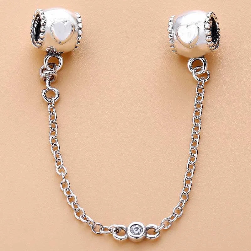 Embossed Heart Crystal Safety Chain Beads 925 Silver Charm Bracelet