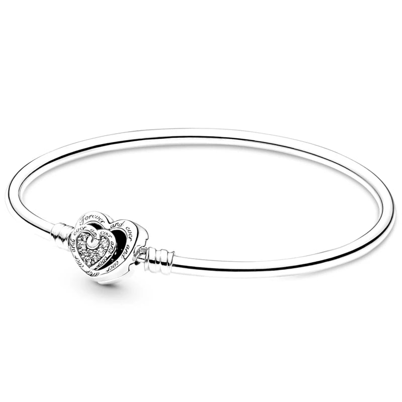 Entwined Hearts Crystal Clasp Bangle Bracelet 925 Sterling Silver Bead Charm