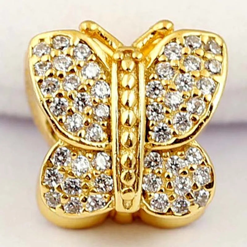 Pave Butterfly Crystal Beads 925 Sterling Silver Bracelet Charm DIY