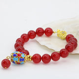 Gold Cloisonne Women Jades Bracelets Red Chalcedony 10mm Beads Jewelry