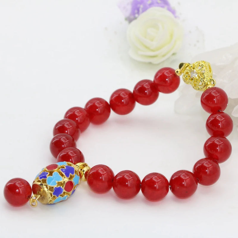 Gold Cloisonne Women Jades Bracelets Red Chalcedony 10mm Beads Jewelry