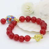 Gold Cloisonne Women Jades Bracelets Red Chalcedony 10mm Beads Jewelry
