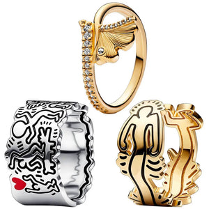 Golden Shine Gingko Leaf Wave Line Art 925 Sterling Silver Ring