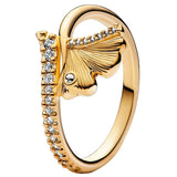 Golden Shine Gingko Leaf Wave Line Art 925 Sterling Silver Ring