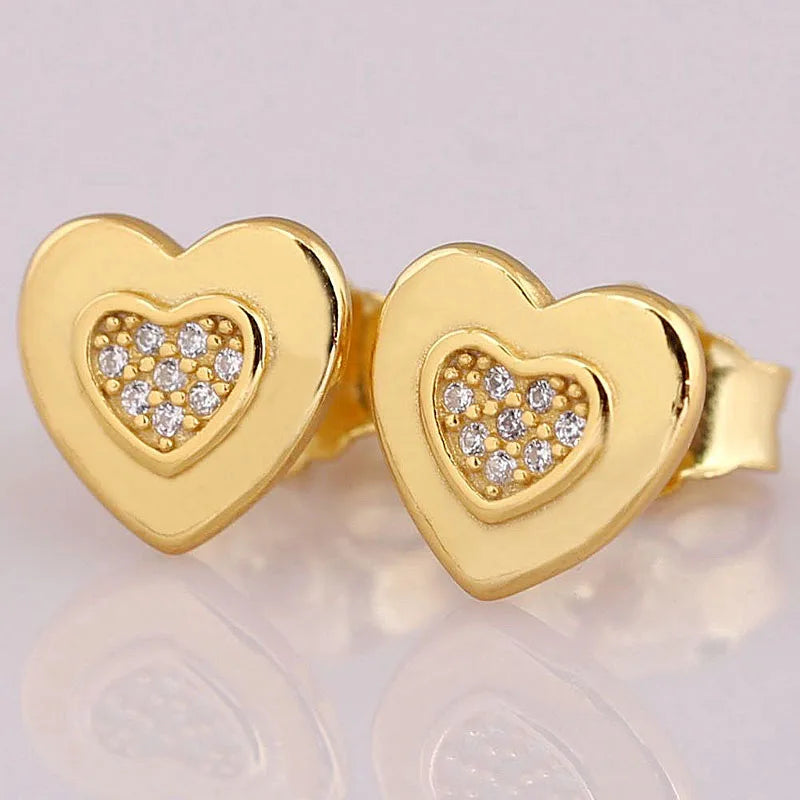 Golden Signature Heart Earring With Crystal 925 Sterling Silver Gift Jewelry