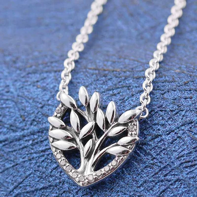 Heart Family Tree Crystal Necklace 925 Sterling Silver Women Wedding Gift
