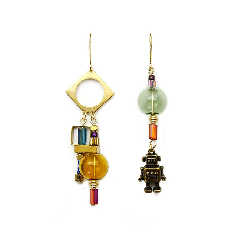 Industrial Robot Dangle Earrings Glass Ball Retro Drop Asymmetric
