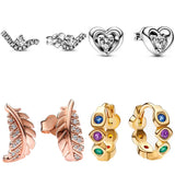 Curved Feather Radiant Heart Earrings 925 Sterling Silver