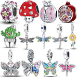Insect Dangle Charm Silver Butterfly Dragonfly Ladybug Beads Bracelet