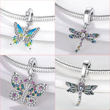 Insect Dangle Charm Silver Butterfly Dragonfly Ladybug Beads Bracelet