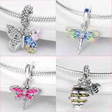 Insect Dangle Charm Silver Butterfly Dragonfly Ladybug Beads Bracelet
