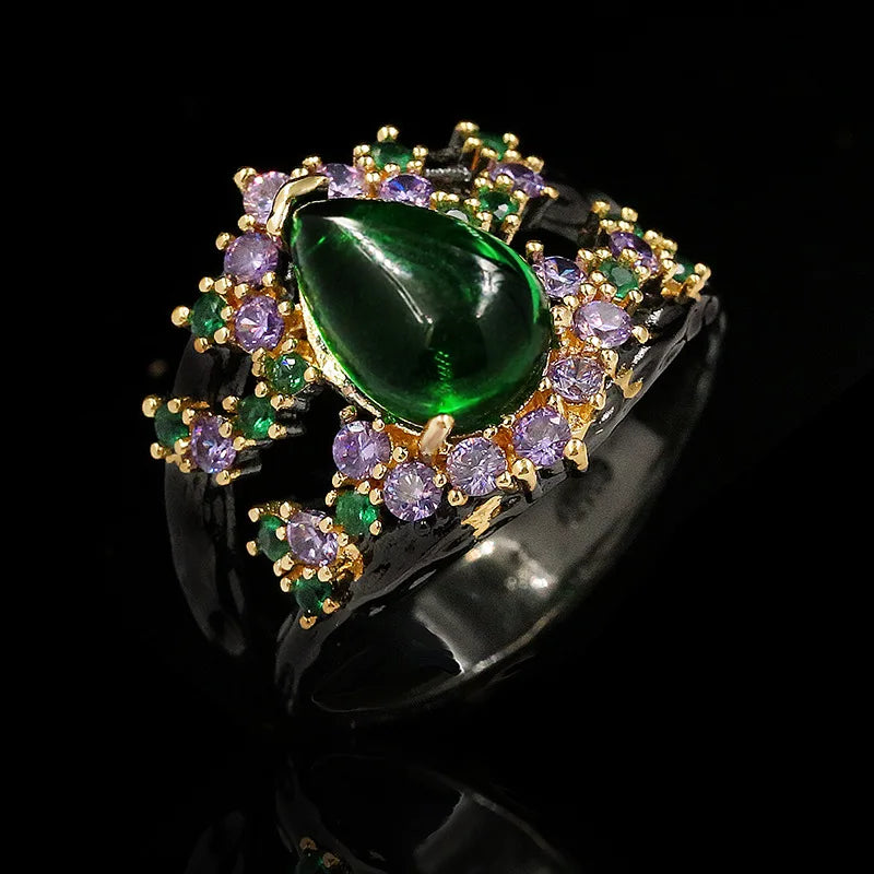 Italian Craftsmanship Water Drop Emerald Ring Purple Zircon Ladies Ring