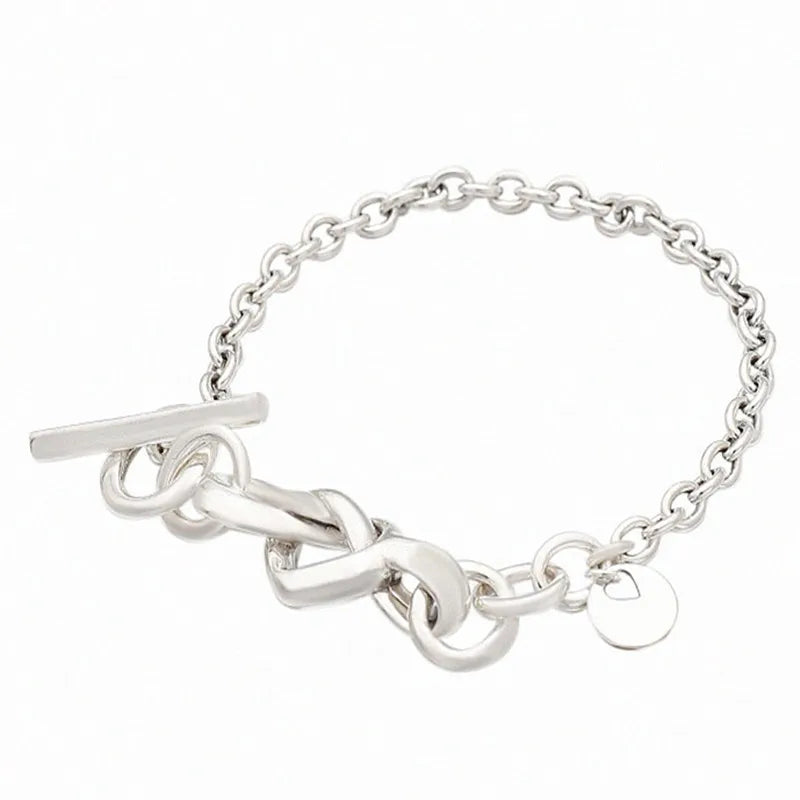 925 Silver Knotted Heart T-clasp Link Bracelet for Women