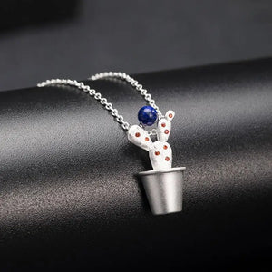Lapis Lazuli Cactus Pendant Necklace 925 Sterling Silver Natural Lapis Femme