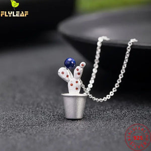 Lapis Lazuli Cactus Pendant Necklace 925 Sterling Silver Natural Lapis Femme