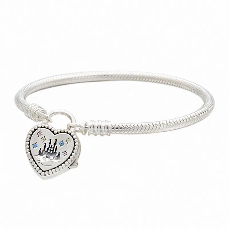 925 Silver Lock Heart & Crystal Snake Chain Bracelet for Women