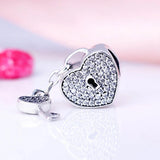 Love Heart Lock & Key Crystal Pendant Beads 925 Sterling Silver Charm Bracelet
