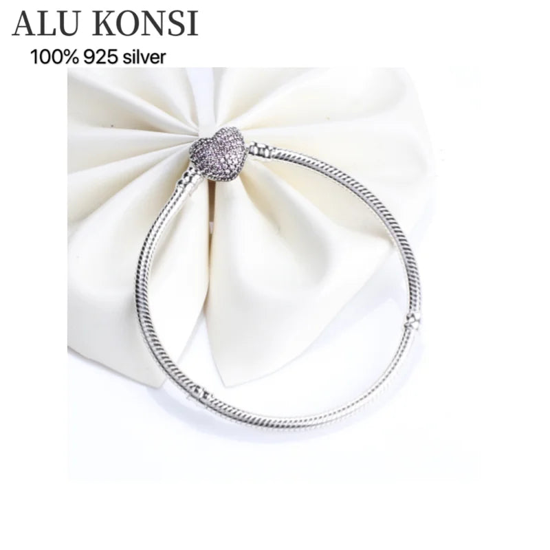 925 Silver Pan Bracelet Crystal Love Heart Charm