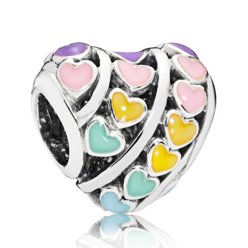 Enamel Rainbow Love Heart Charm Crystal Bead 925 Sterling Silver Bracelet