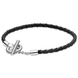 Braided Leather T-bar Bracelet Bangle 925 Sterling Silver Bead Charm Jewelry