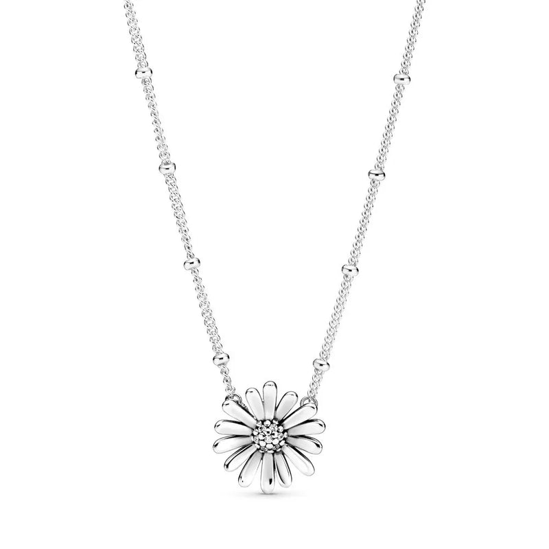 Daisy Flower Crystal Necklace 925 Sterling Silver Bead Charm Jewelry