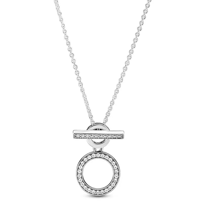 Double Hoop T-bar Crystal Necklace 925 Silver Jewelry