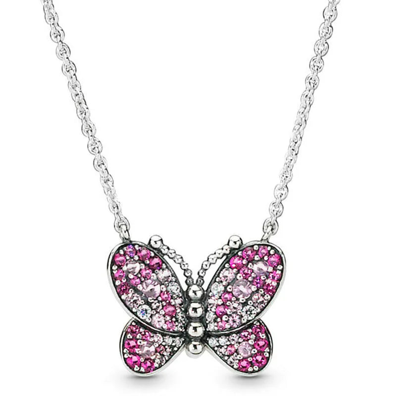 Dazzling Pink Butterfly Crystal Necklace 925 Sterling Silver
