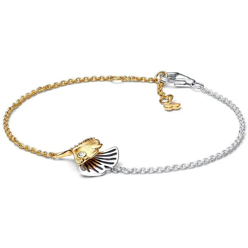 Double Gingko Leaves Two-tone Chain Bracelet Bangle Women 925 Sterling Silver
