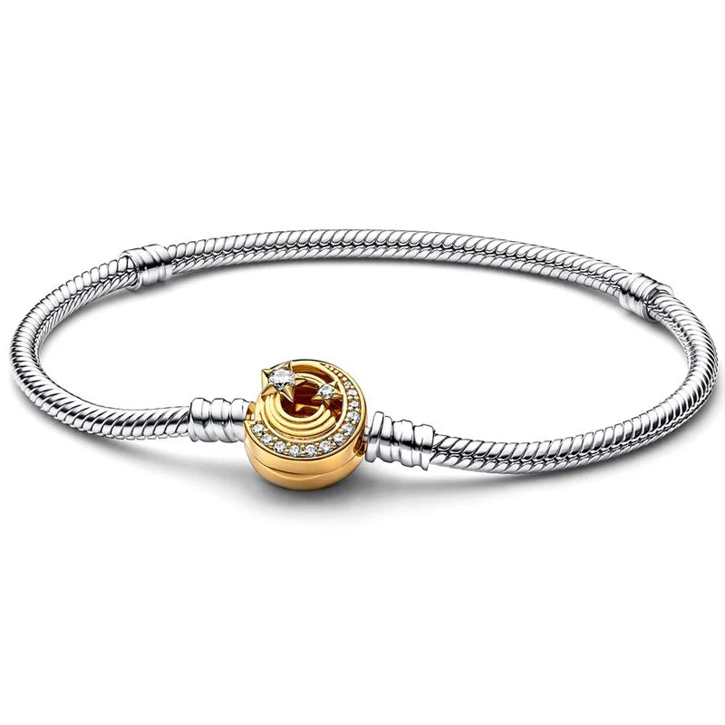 925 Sterling Silver Snake Chain Bracelet Bangle with Crystal Star Charm