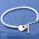 Heart T-bar Clasp Snake Chain Bracelet Bangle 925 Sterling Silver Jewelry