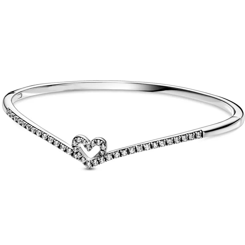 Heart Wishbone Crystal Bracelet Bangle 925 Silver