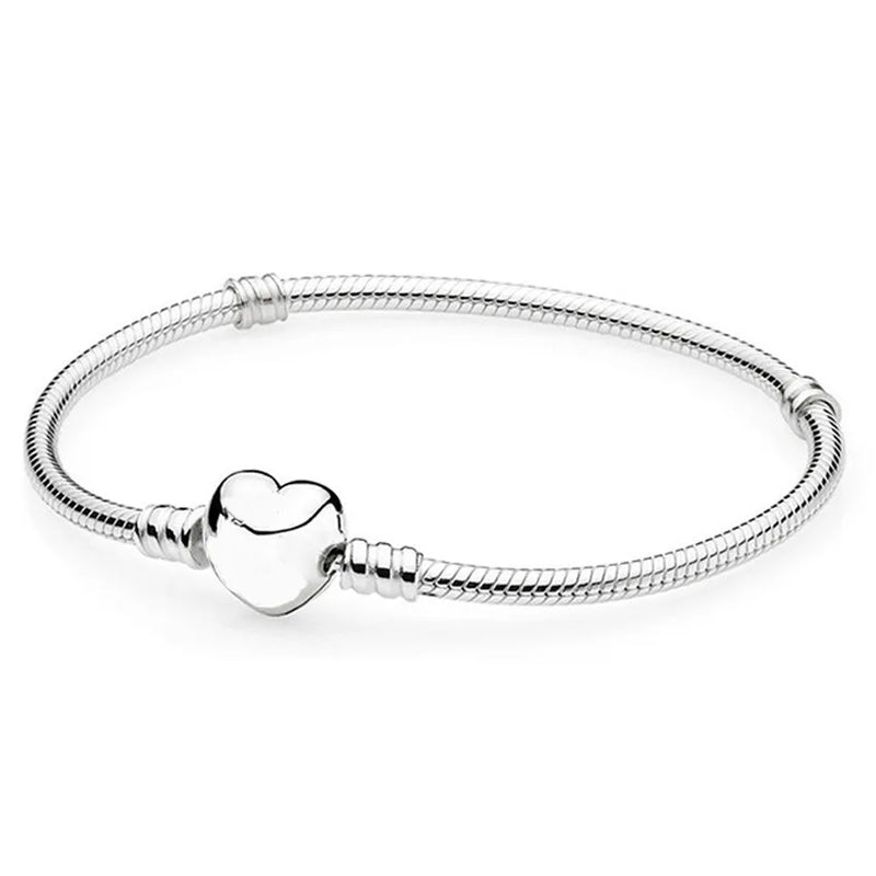 925 Sterling Silver Love Heart Clasp Chain Bracelet Bangle