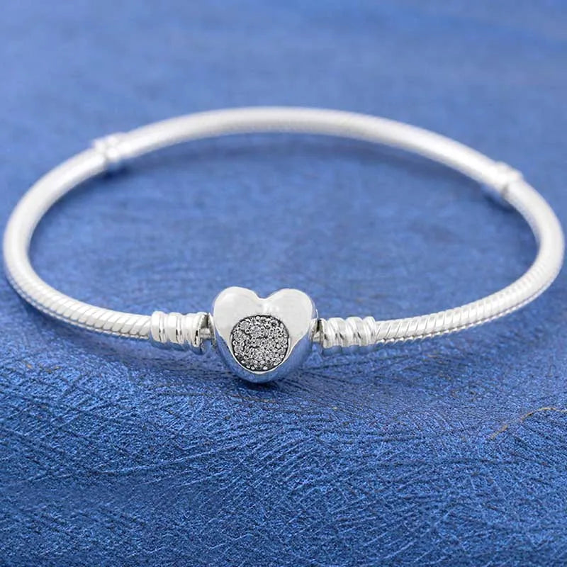 925 Silver Pave Heart Clasp Snake Chain Bracelet Bangle