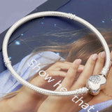 925 Silver Pave Heart Clasp Snake Chain Bracelet Bangle